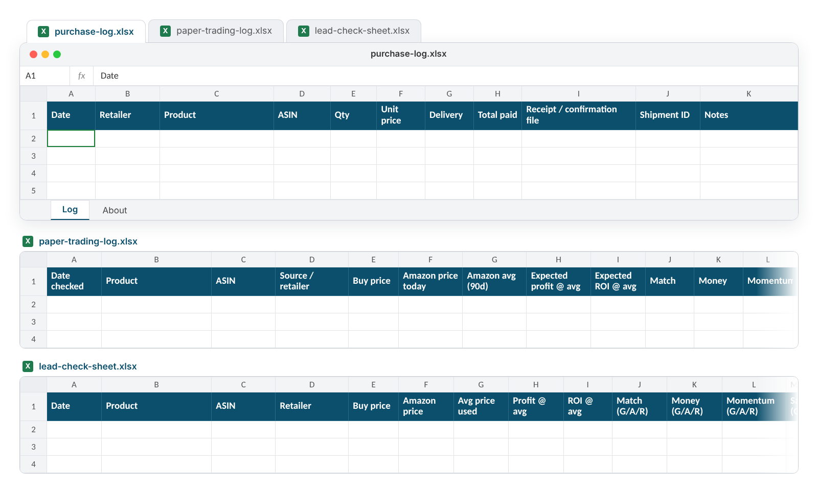 The three template files open in a spreadsheet app, with the purchase-log headers visible