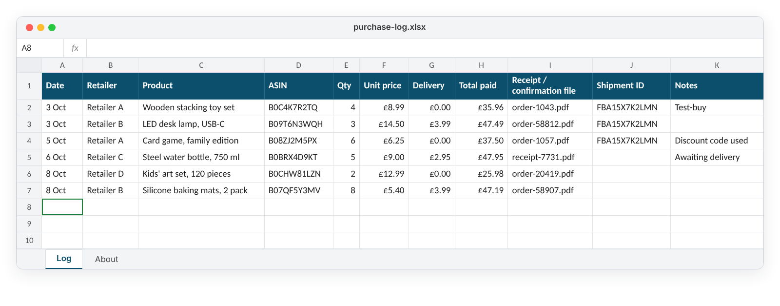 An example purchase log in a spreadsheet, with columns for date, retailer, product, ASIN, quantity, unit price, total paid and the saved file name