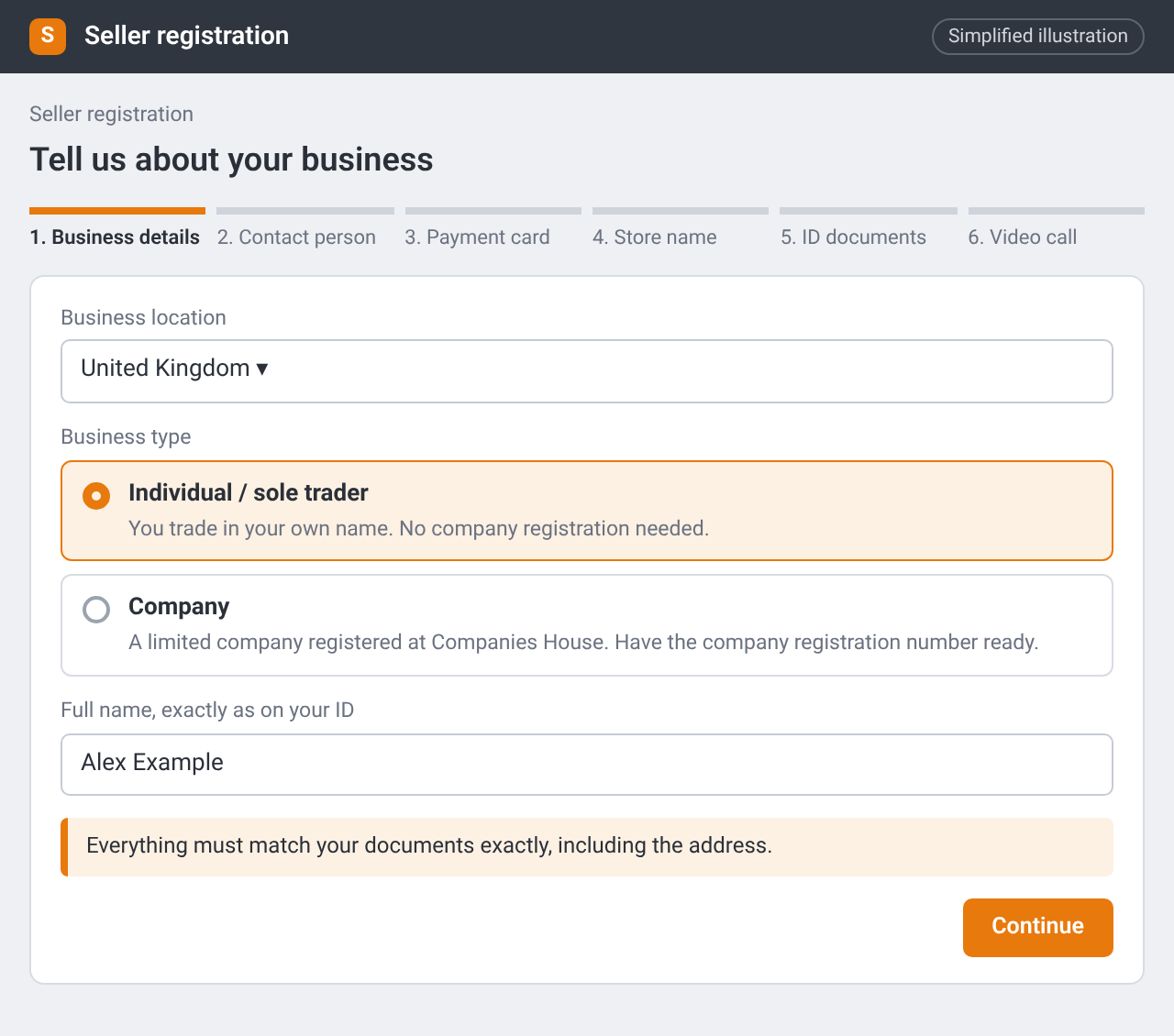 Illustration of a seller registration step asking for the business type: Individual / sole trader or Company