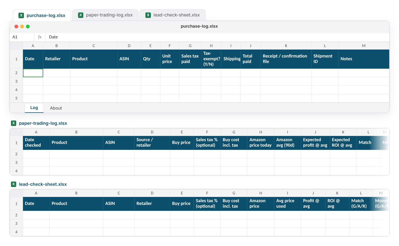 The three US template files open in a spreadsheet app, with the purchase-log headers, including Sales tax paid and Tax-exempt, visible