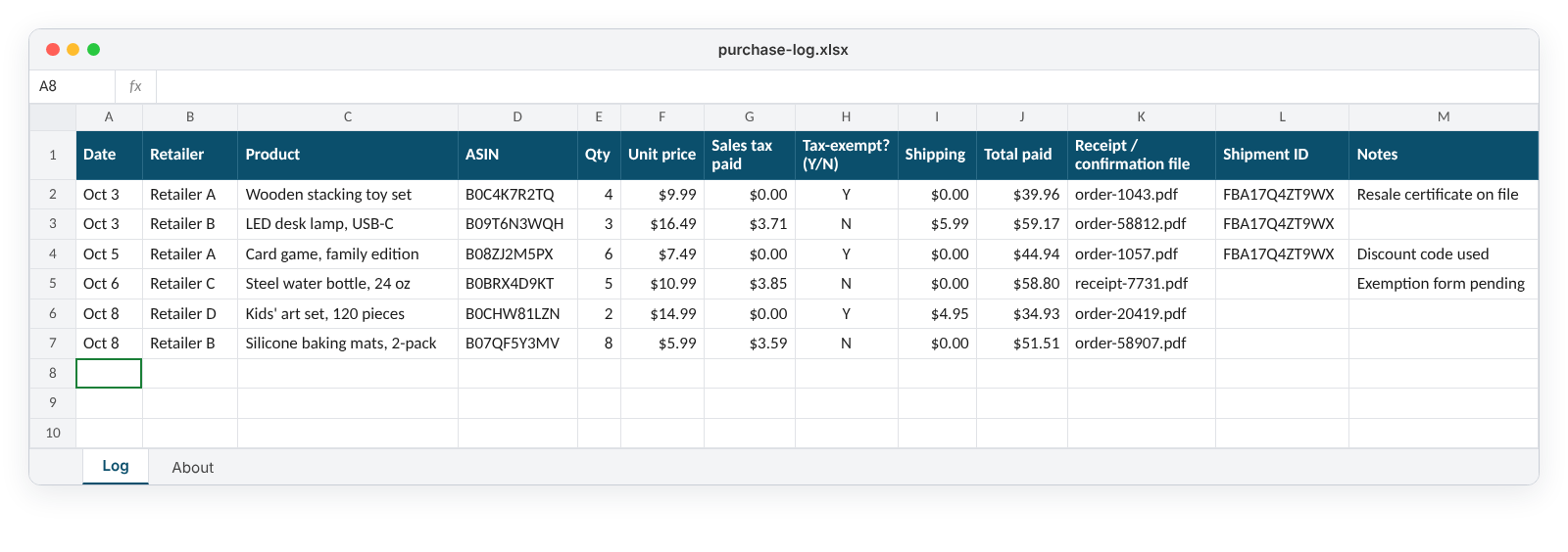 An example US purchase log in a spreadsheet, with columns for date, retailer, product, ASIN, quantity, unit price, sales tax, total paid and the saved file name