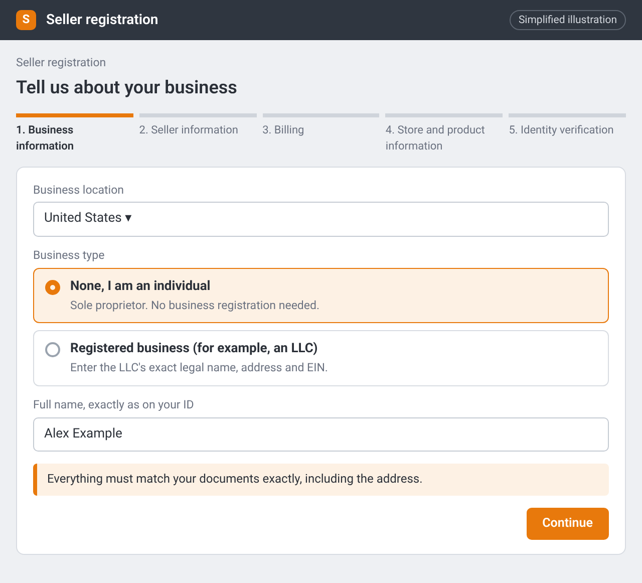 Illustration of a seller registration step asking for the business type: None, I am an individual, or a registered business