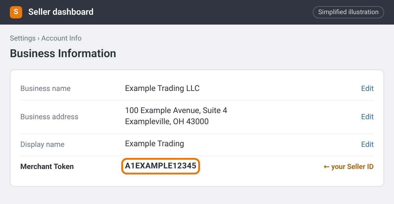 Illustration of the Business Information page with the Merchant Token highlighted