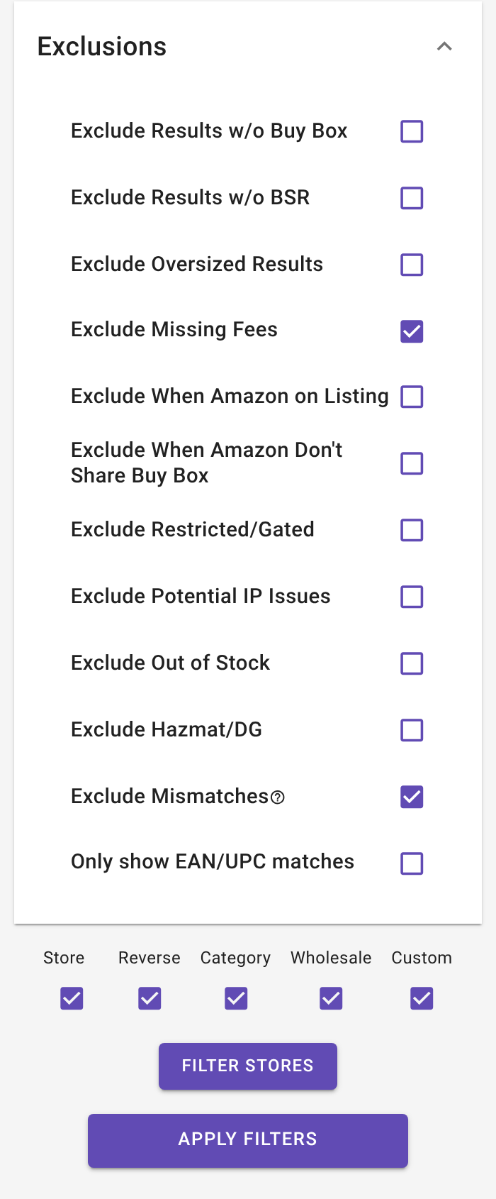 The Exclusions section of the filters (Results → Filters drawer and Account → Global Filters) in a UK account, with Exclude Restricted/Gated, Exclude Results with Missing Fees (drawer label: Exclude Missing Fees) and Exclude When Amazon on Listing visible (1 of 2)