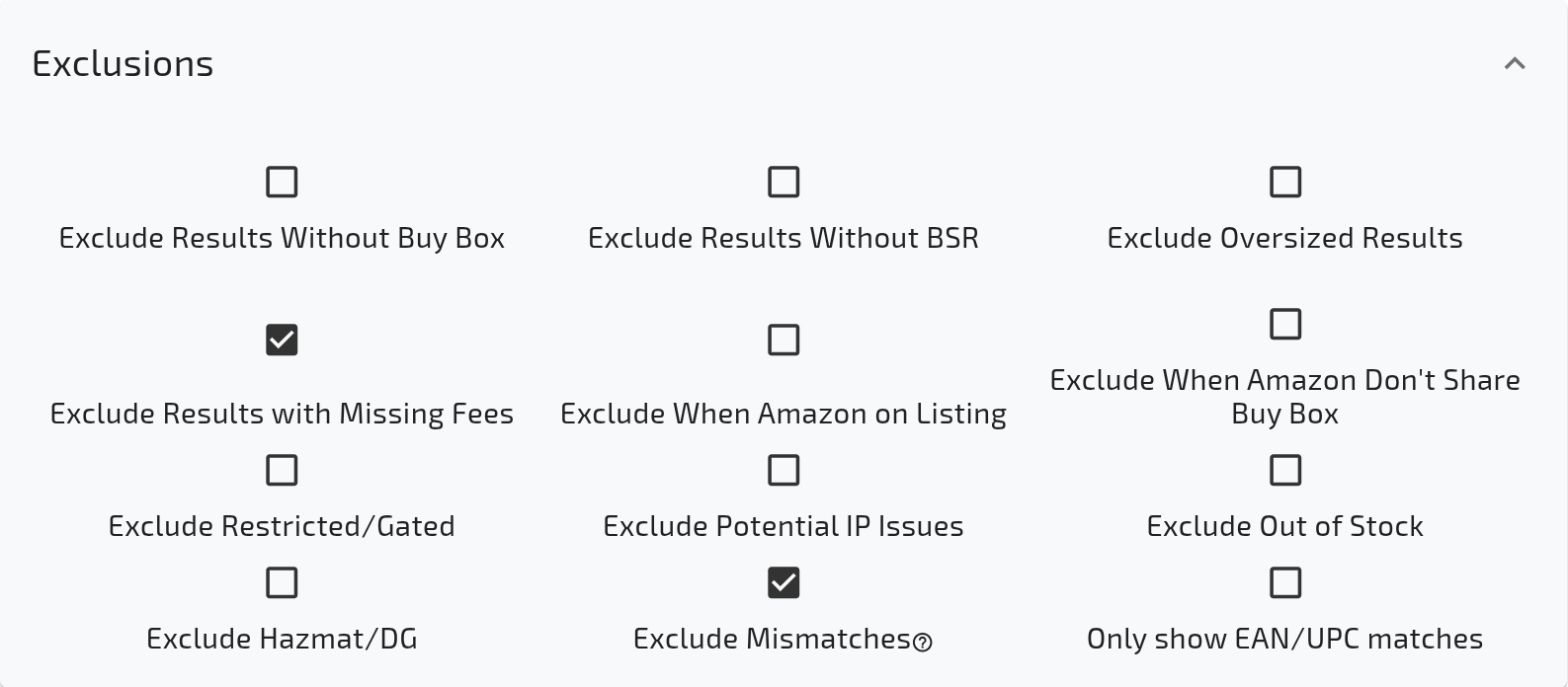 The Exclusions section of the filters (Results → Filters drawer and Account → Global Filters) in a UK account, with Exclude Restricted/Gated, Exclude Results with Missing Fees (drawer label: Exclude Missing Fees) and Exclude When Amazon on Listing visible (2 of 2)