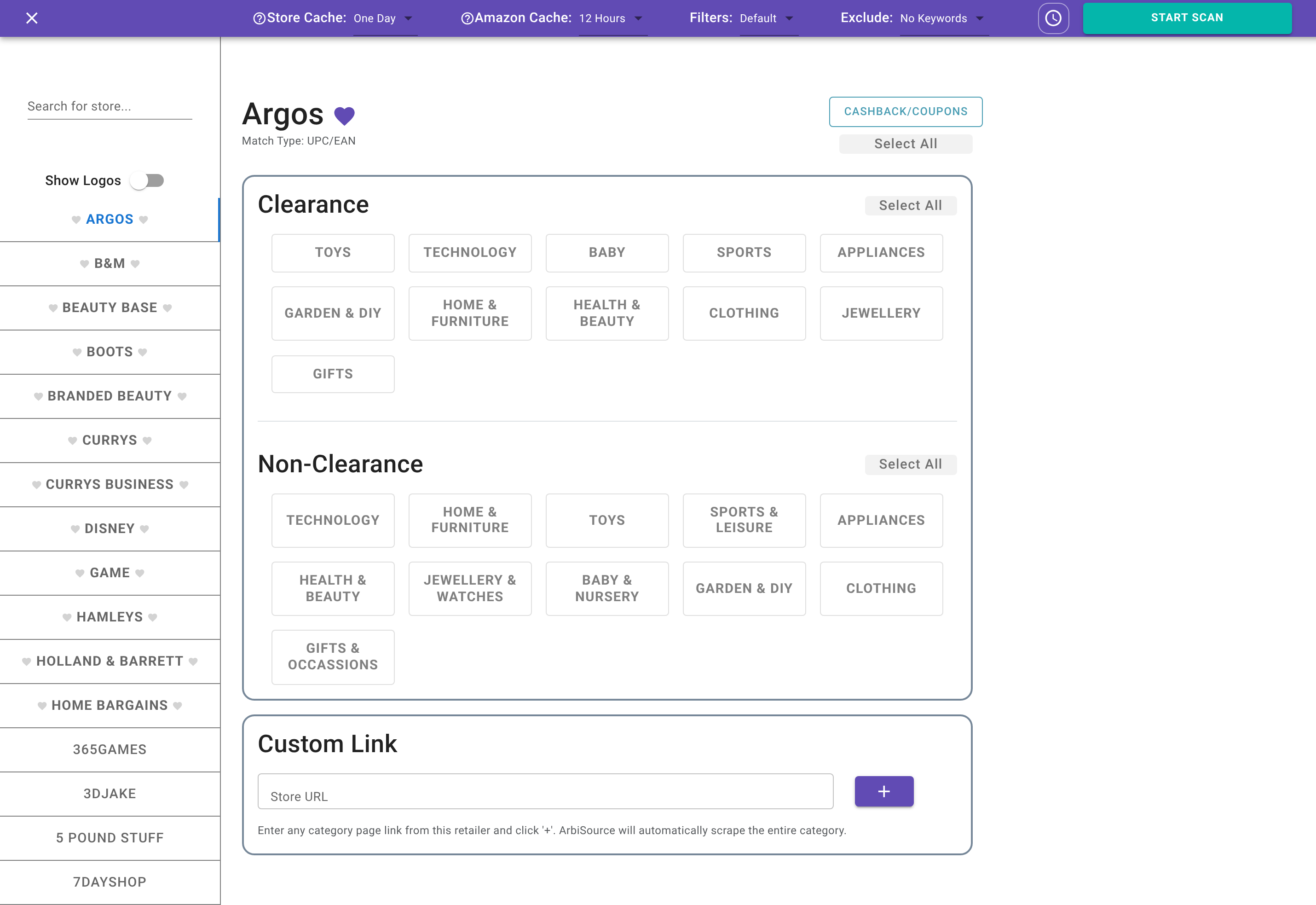 The Store Scan set-up screen in a UK account: the store search with favourites and Show Logos, the Clearance and Non-Clearance category groups with Select All, the Custom Link box, and the top bar (Store Cache, Amazon Cache, Filters, Exclude, START SCAN); plus the selection card with the Discount and Override fields (1 of 2)