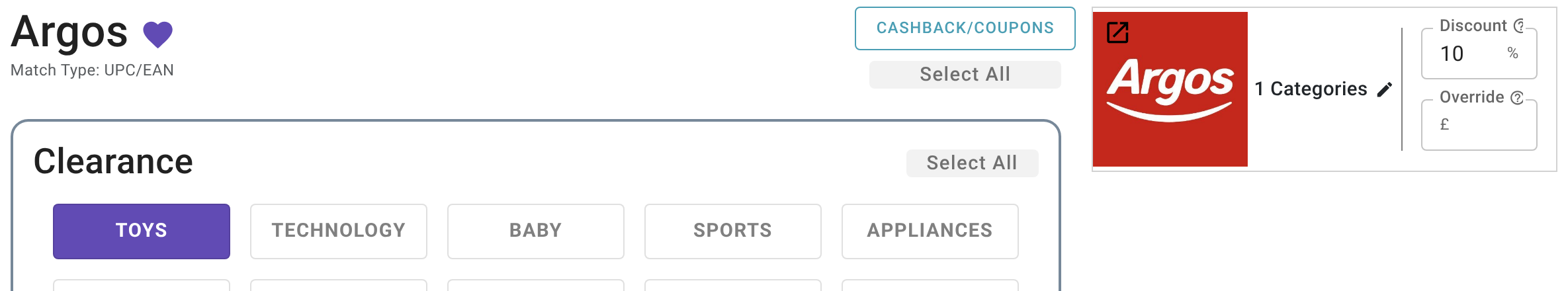 The Store Scan set-up screen in a UK account: the store search with favourites and Show Logos, the Clearance and Non-Clearance category groups with Select All, the Custom Link box, and the top bar (Store Cache, Amazon Cache, Filters, Exclude, START SCAN); plus the selection card with the Discount and Override fields (2 of 2)