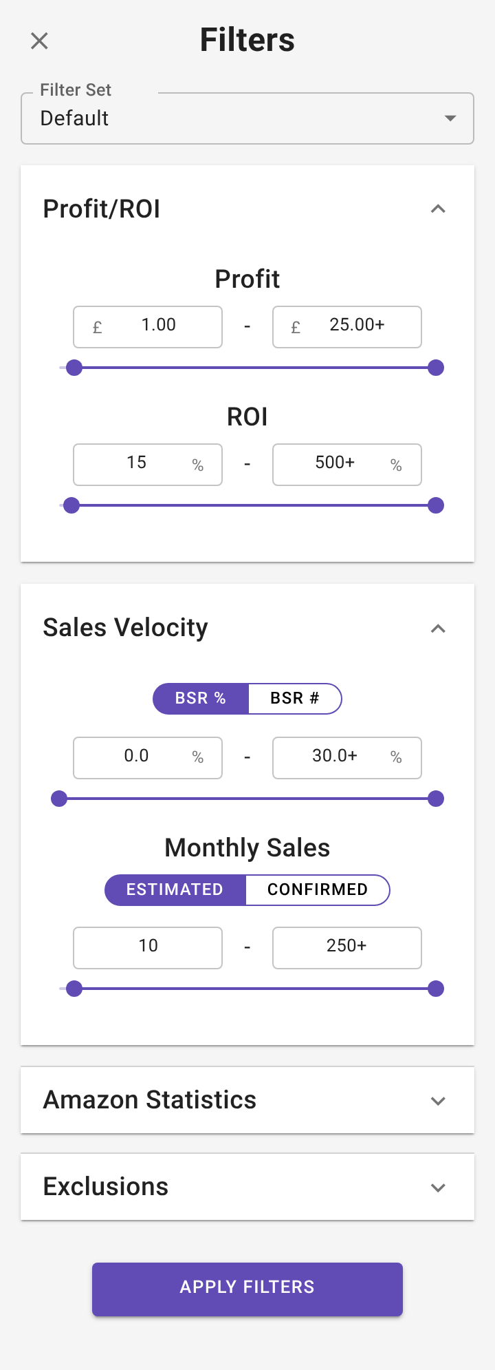 The Amazon to Amazon page in a UK account, showing the Seller Type dropdown open, Compare Price, the categories selector, the notifications bell and an A2A result with its Other Stores reverse-search sources (2 of 2)