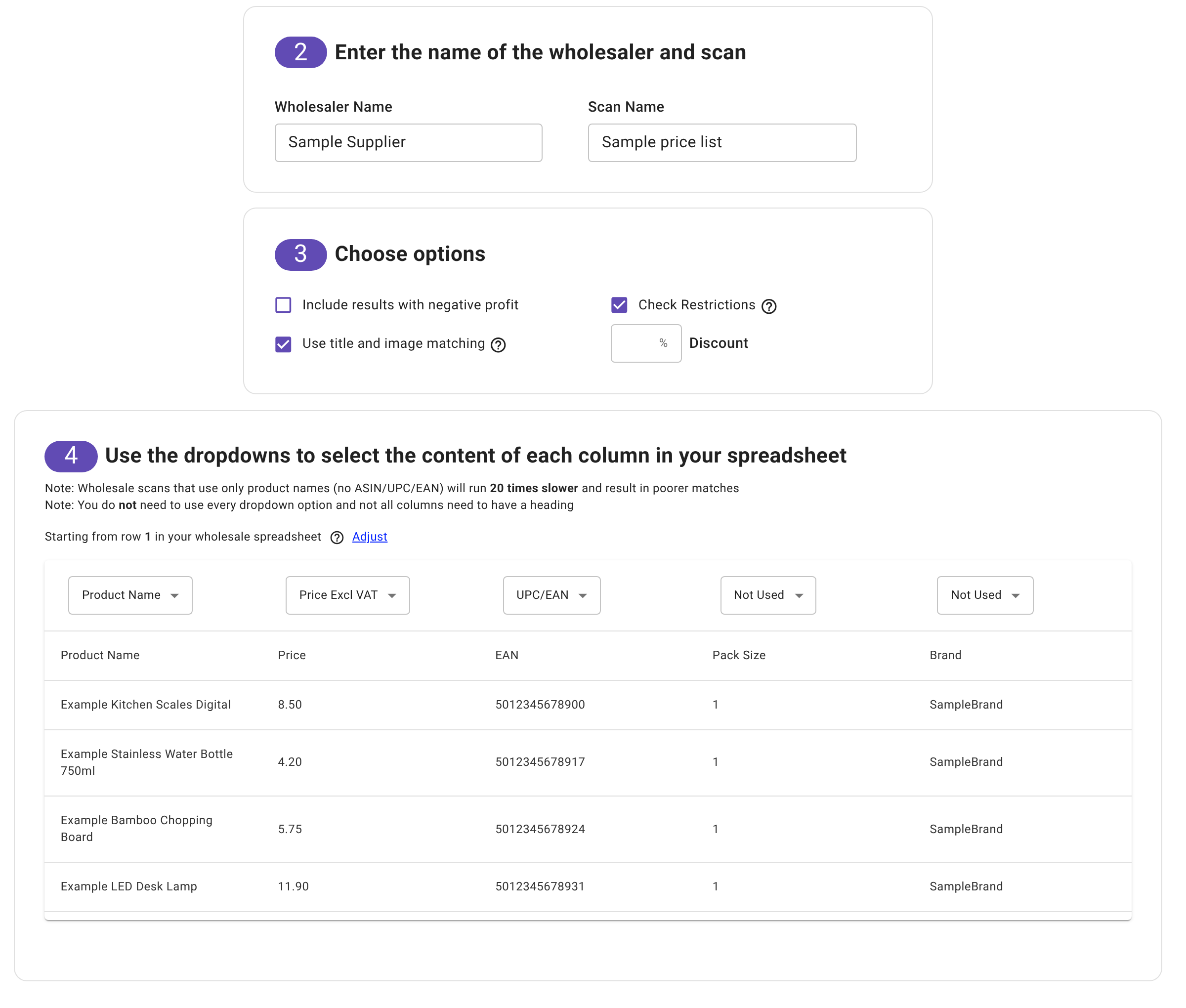 The Wholesale Scan set-up in a UK account (sample price list): Wholesaler Name and Scan Name, the options (negative profit, title and image matching, Check Restrictions, Discount), and the column drop-downs with Product Name, Price Excl VAT and UPC/EAN assigned
