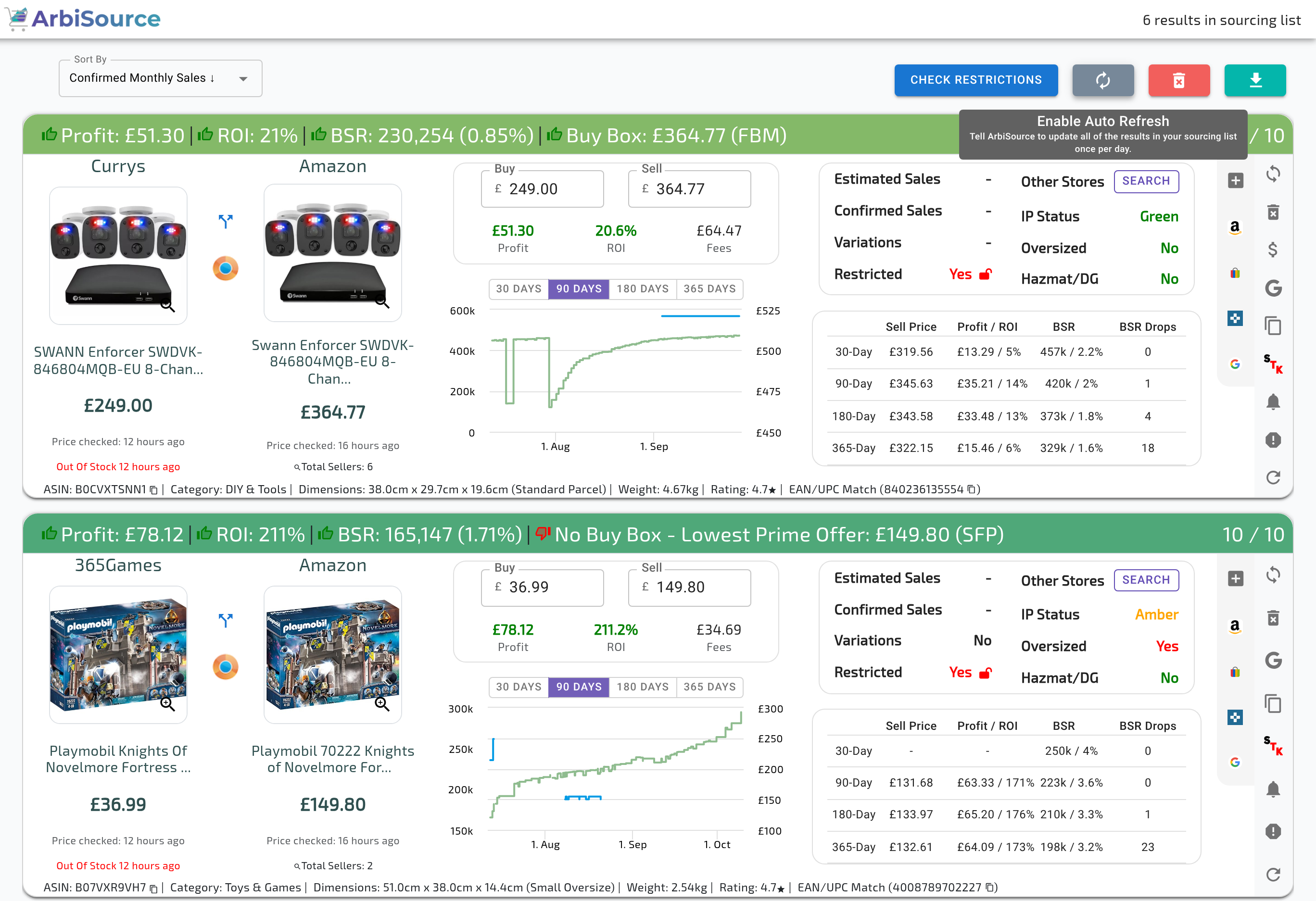 A UK ArbiSource Sourcing List used as a paper-trading list, showing the results count, Sort By, CHECK RESTRICTIONS, and the refresh icon (Enable Auto Refresh; it shows Disable Auto Refresh once it’s on), delete and download buttons