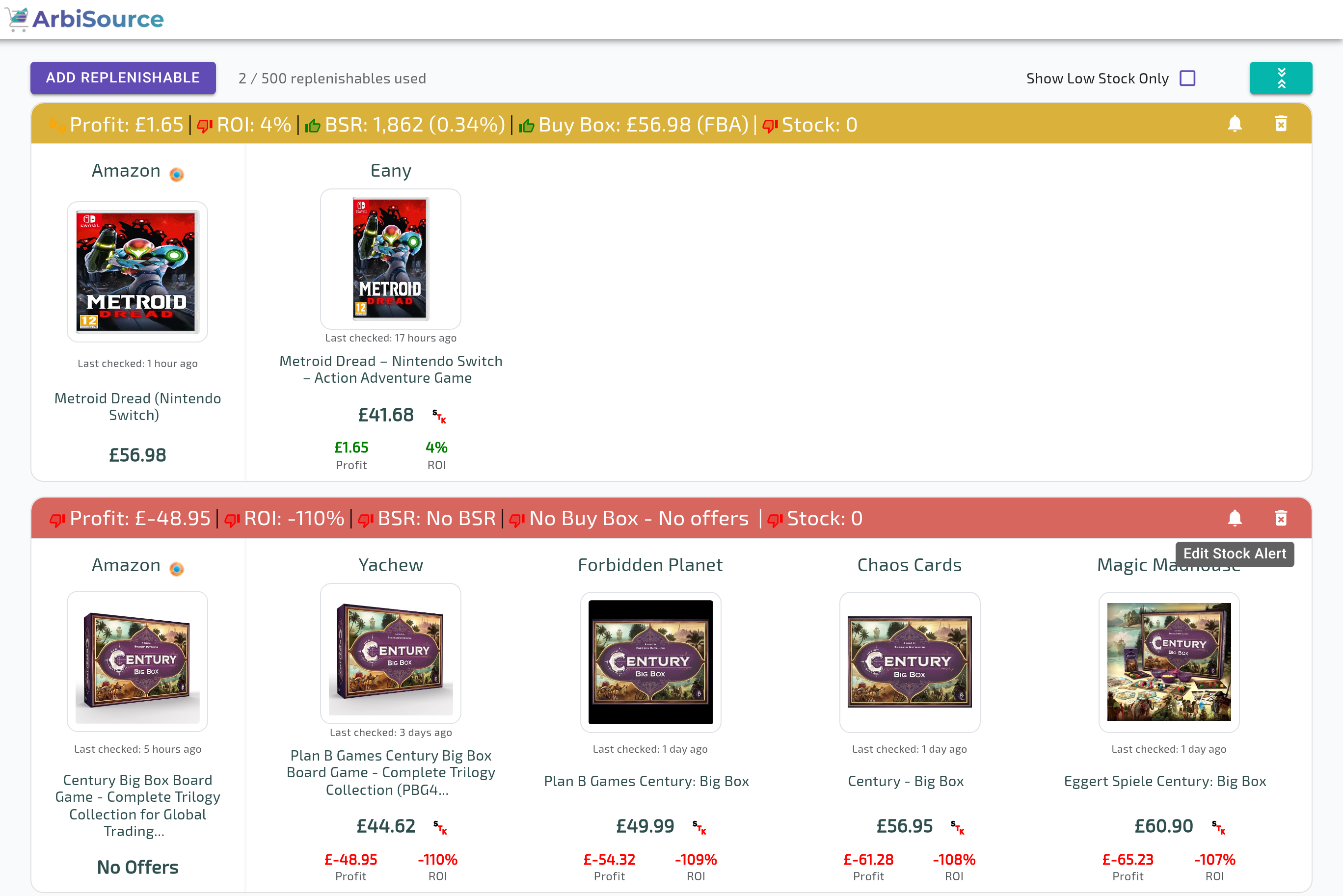 The ArbiSource Replenishables page in a UK account: ADD REPLENISHABLE, the usage counter, Show Low Stock Only, and products with Stock in the header, several retailers each, and the bell (Edit Stock Alert)