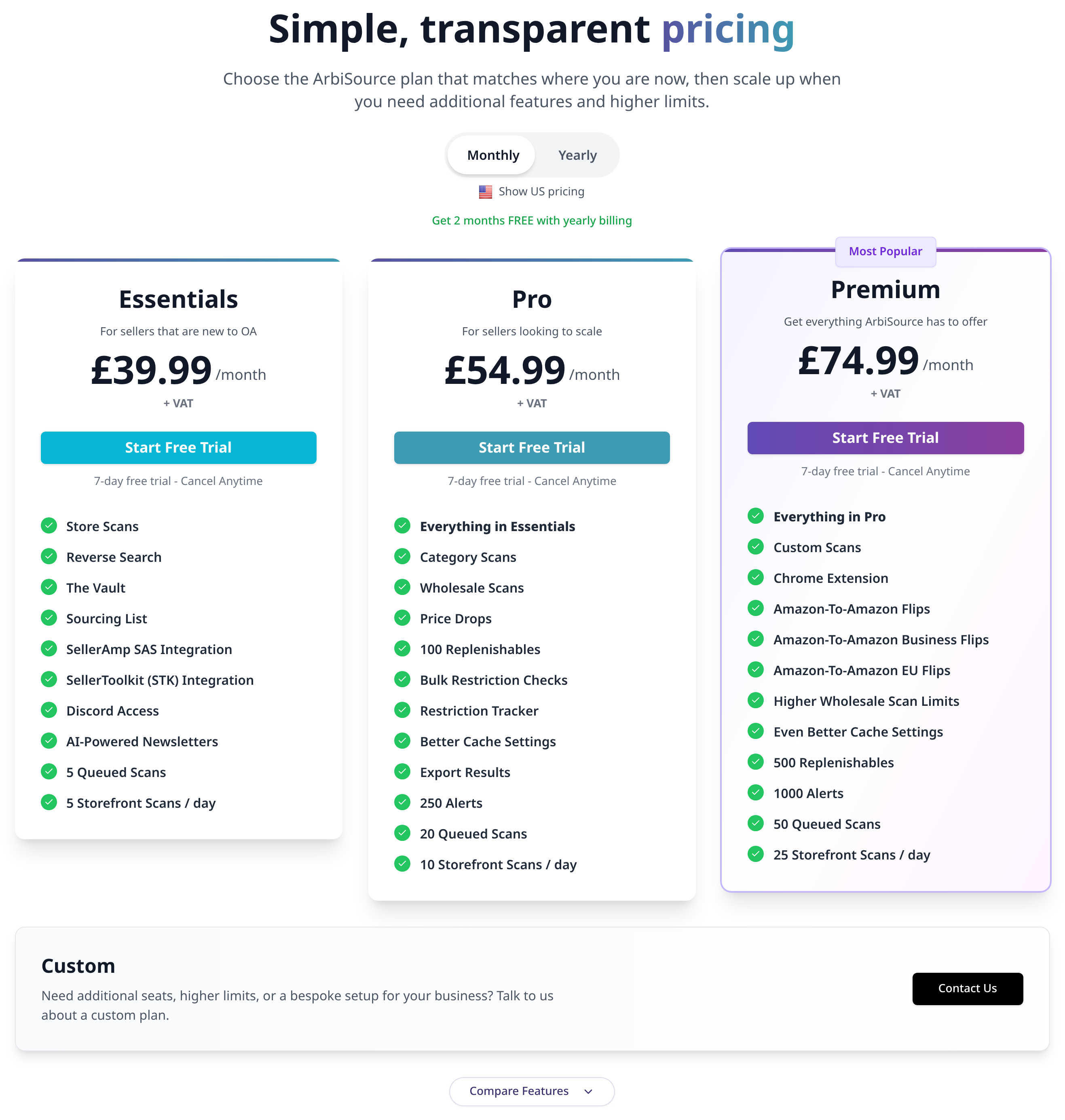The arbisource.com pricing section in £ (Monthly / Yearly switch and the Show US pricing link), showing all three plans and the Compare Features button