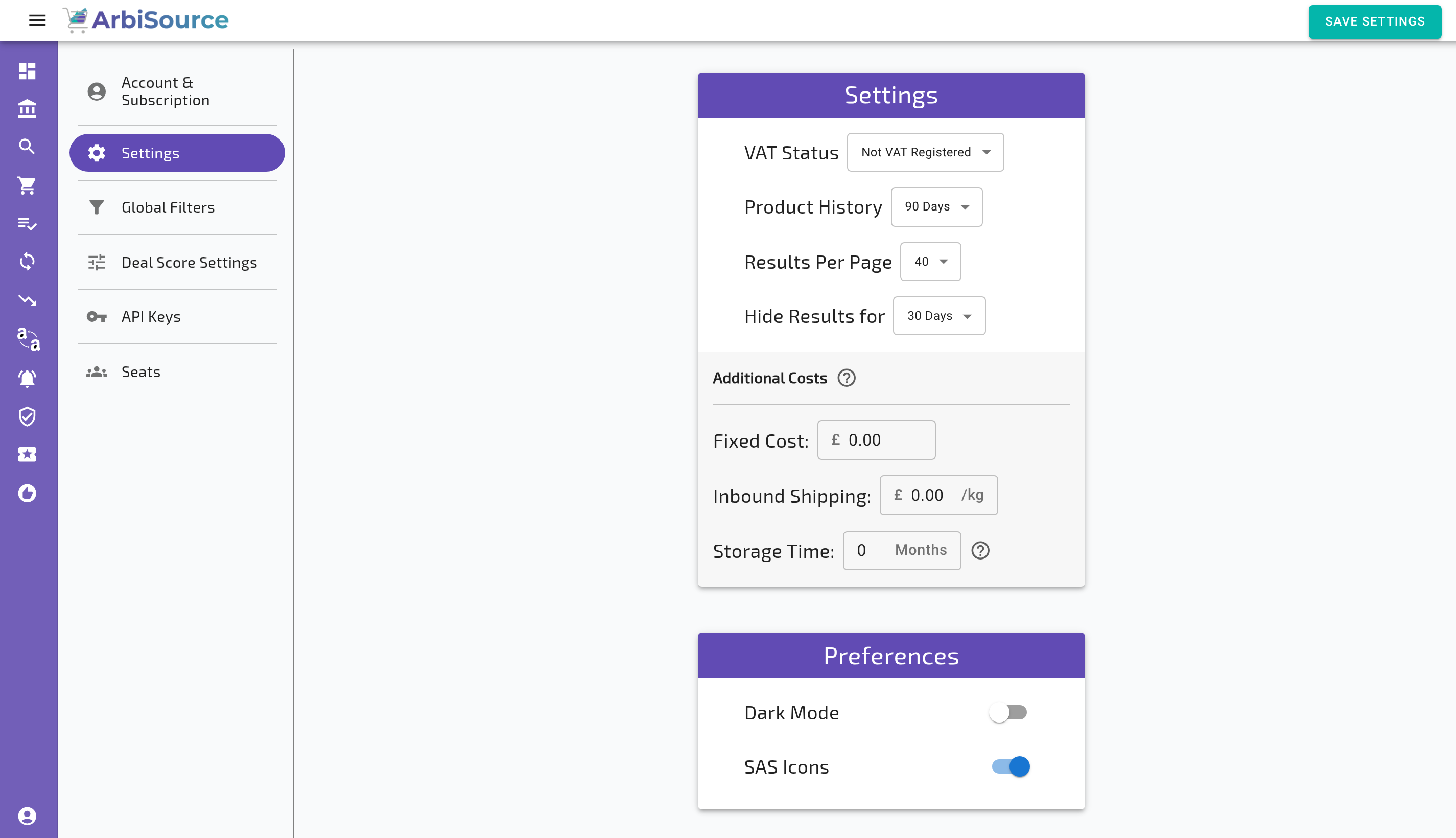 The Account page in a UK account: the Settings tab (VAT Status, Product History, Results Per Page, Hide Results for, Additional Costs), the Deal Score Settings tab (Score Thresholds, Points Allocation) and the Global Filters tab (Filter Set, Profit/ROI, Sales Velocity, Match Confidence, Amazon Statistics, Exclusions) (1 of 3)