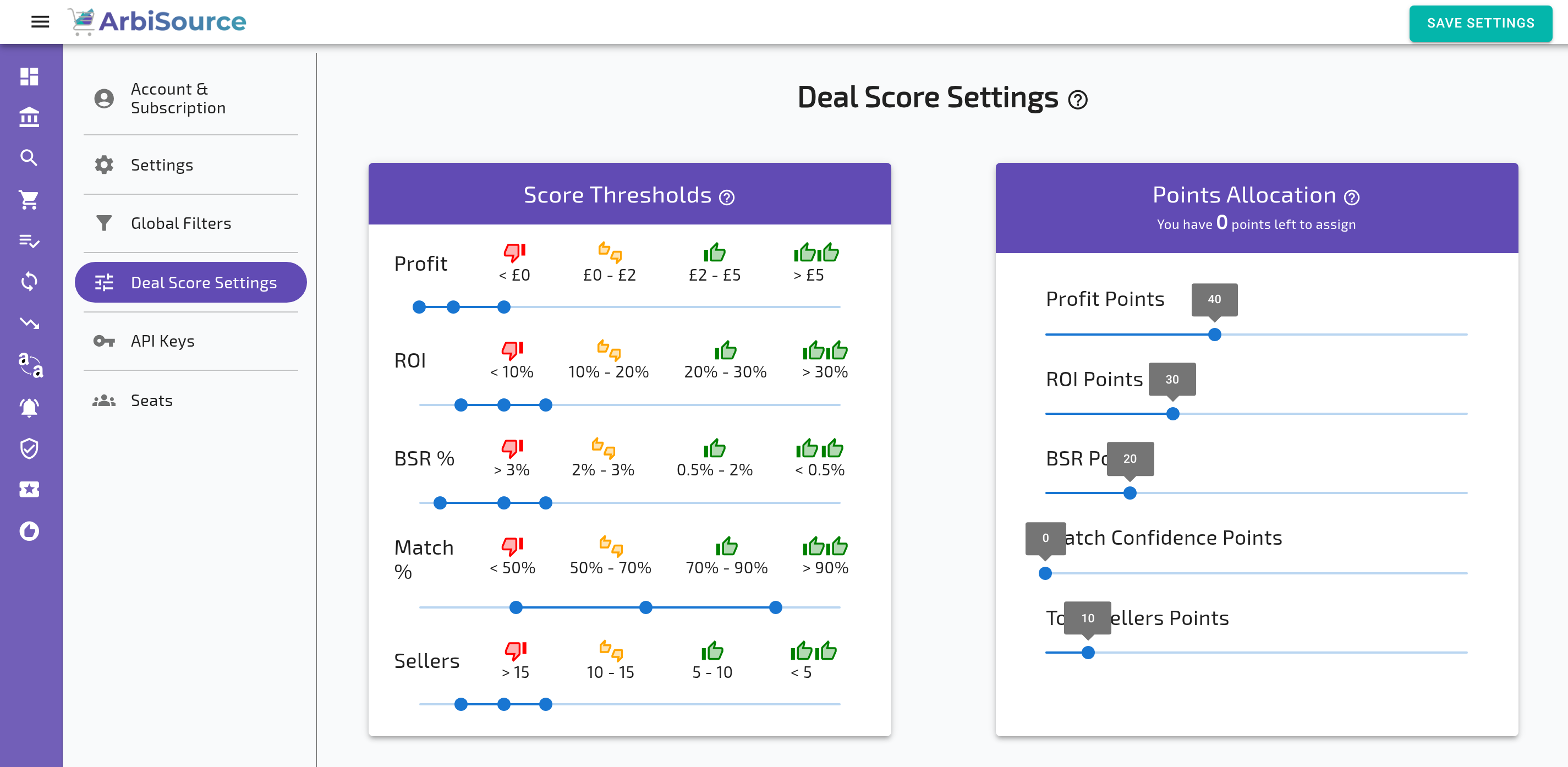 The Account page in a UK account: the Settings tab (VAT Status, Product History, Results Per Page, Hide Results for, Additional Costs), the Deal Score Settings tab (Score Thresholds, Points Allocation) and the Global Filters tab (Filter Set, Profit/ROI, Sales Velocity, Match Confidence, Amazon Statistics, Exclusions) (2 of 3)
