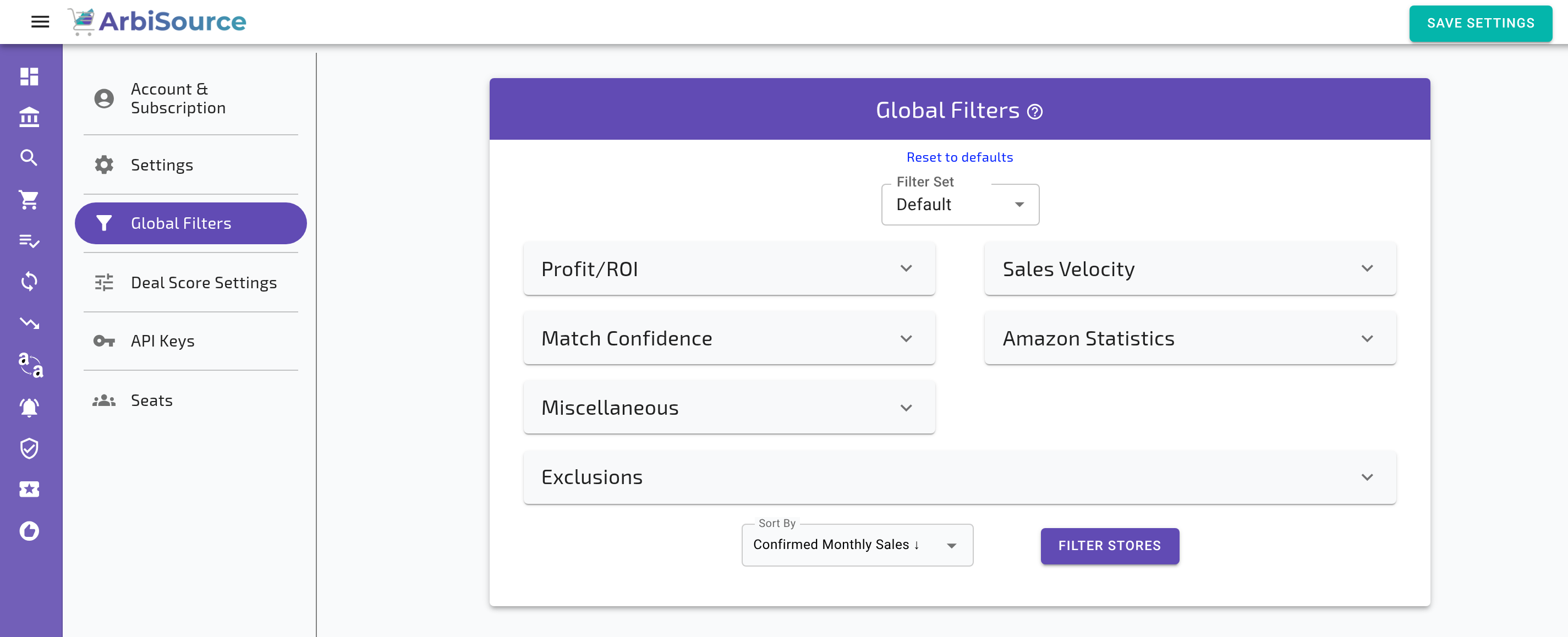 The Account page in a UK account: the Settings tab (VAT Status, Product History, Results Per Page, Hide Results for, Additional Costs), the Deal Score Settings tab (Score Thresholds, Points Allocation) and the Global Filters tab (Filter Set, Profit/ROI, Sales Velocity, Match Confidence, Amazon Statistics, Exclusions) (3 of 3)