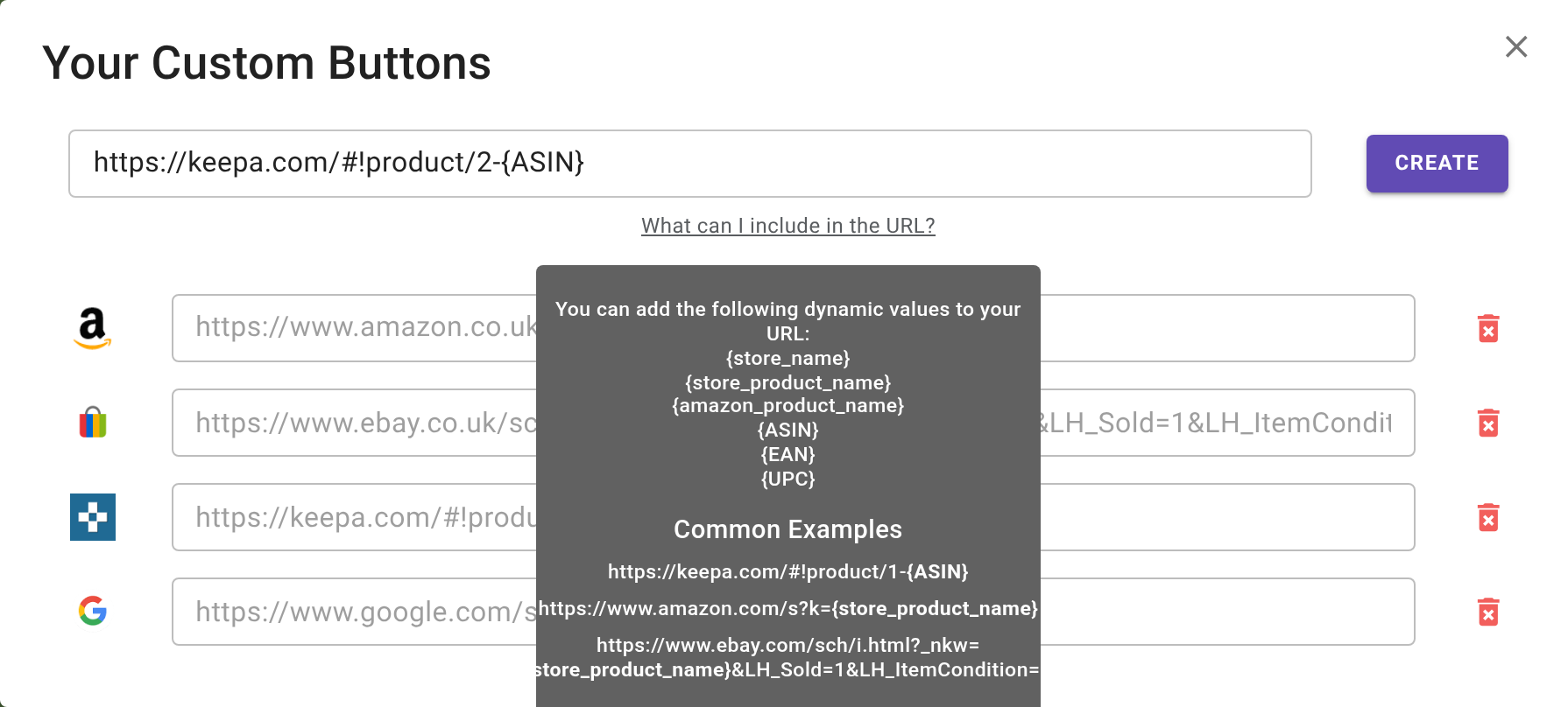 The Your Custom Buttons window in a UK account, with https://keepa.com/#!product/2-{ASIN} entered and the What can I include in the URL? list of dynamic values showing