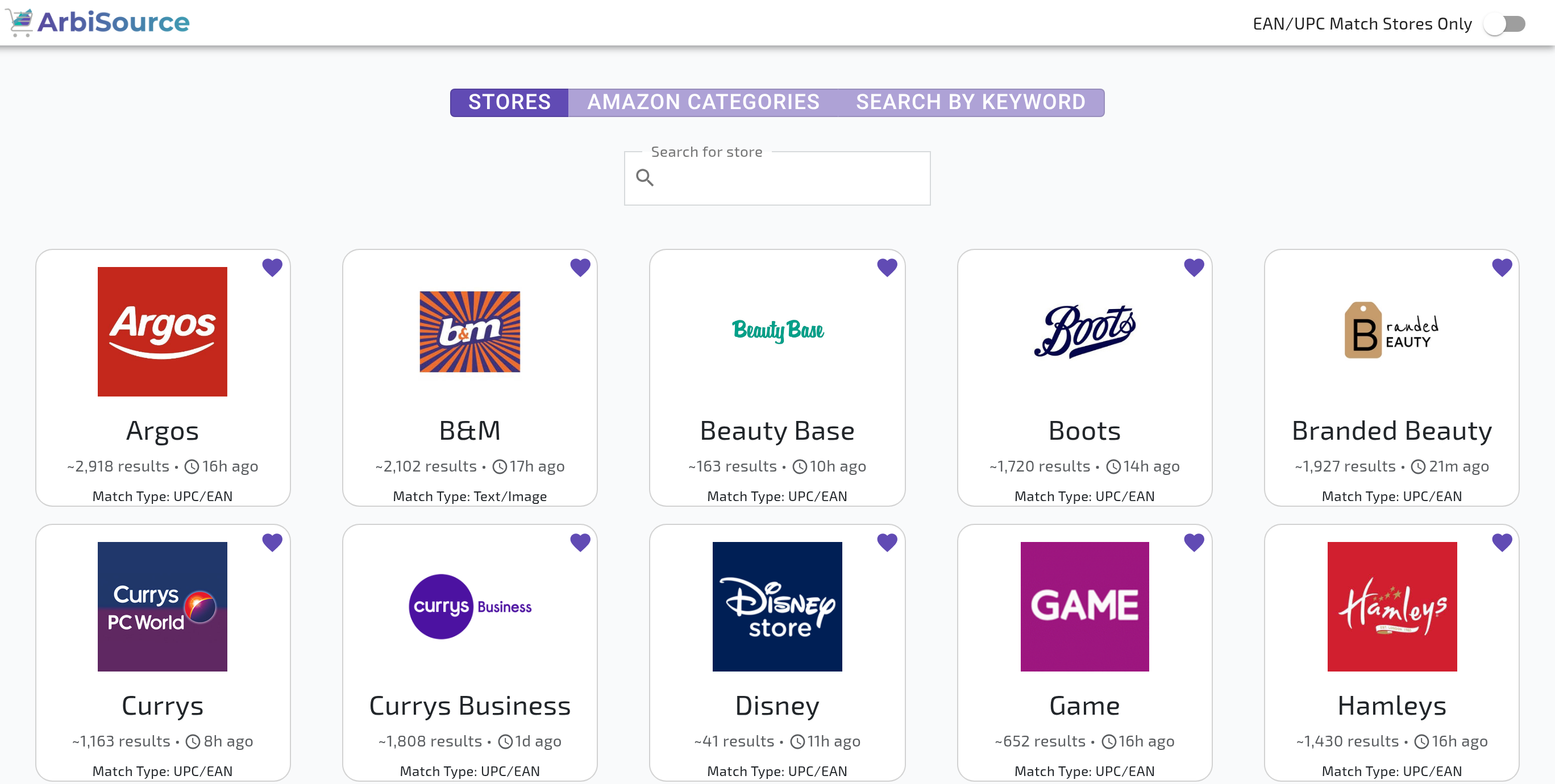 The Vault in a UK account, showing the STORES / AMAZON CATEGORIES / SEARCH BY KEYWORD tabs, the Search for store box, the EAN/UPC Match Stores Only toggle and a few store tiles (result count, last updated, Match Type)
