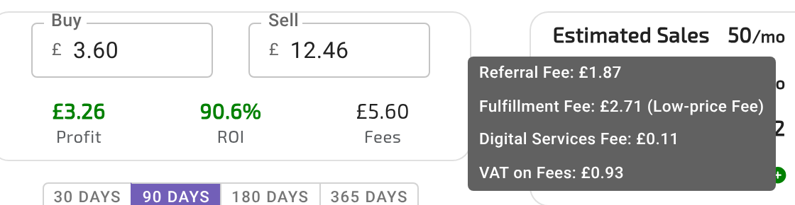 A UK result’s Buy/Sell box with the mouse hovering over Fees, showing the tooltip (Referral Fee, Fulfillment Fee, Digital Services Fee, VAT on Fees) in a Not VAT Registered account