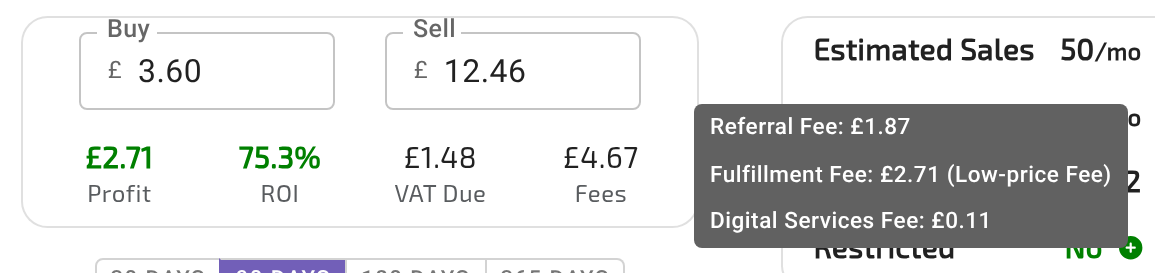 A UK result’s Buy/Sell box in VAT-registered mode, hovering over VAT Due to show the tooltip (VAT Due on Sale Price, VAT Reclaim on Purchase), with the buy price shown including VAT (2 of 3)
