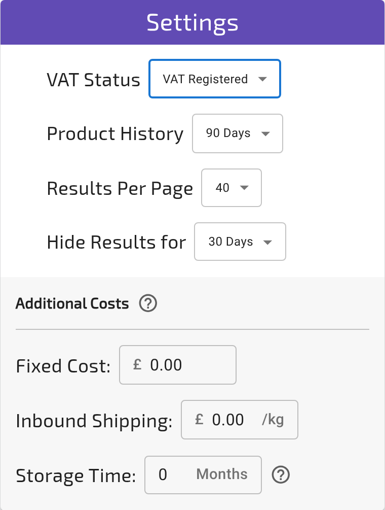 A UK result’s Buy/Sell box in VAT-registered mode, hovering over VAT Due to show the tooltip (VAT Due on Sale Price, VAT Reclaim on Purchase), with the buy price shown including VAT (3 of 3)