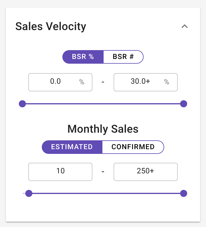 A UK result panel header with the BSR and its BSR % in brackets highlighted (for example BSR: 19,198 (0.31%)), plus the Sales Velocity section of the Filters drawer with the BSR % | BSR # toggle and the BSR % slider fully open (0 to 30%+) (2 of 2)