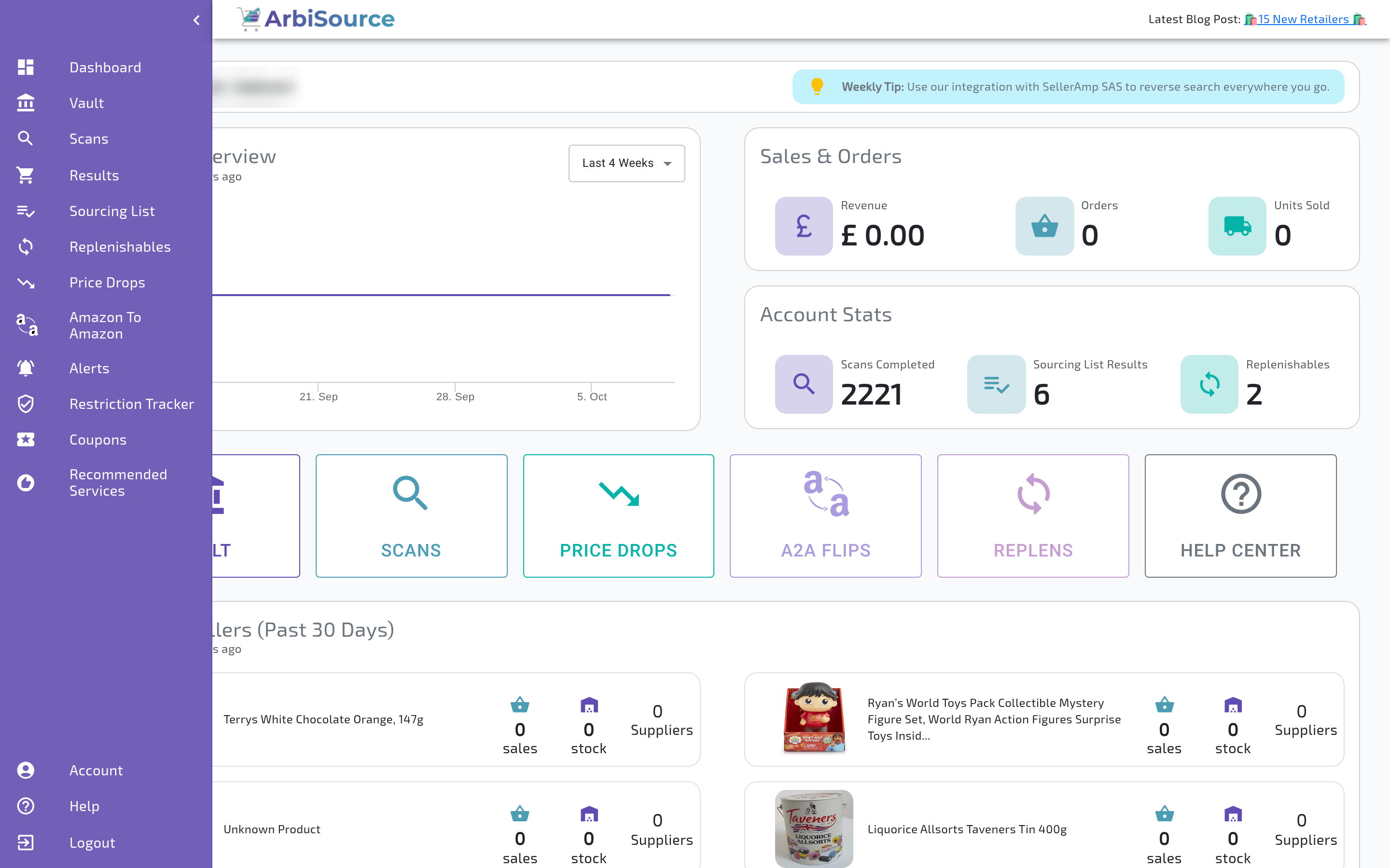 The ArbiSource sidebar (UK account) expanded over the dashboard, showing Dashboard, Vault, Scans, Results, Sourcing List, Replenishables, Price Drops, Amazon To Amazon, Alerts, Restriction Tracker, Coupons, Recommended Services, Account, Help and Logout