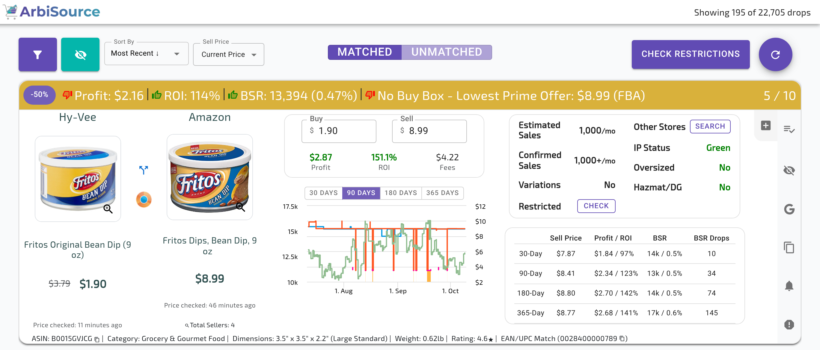 The Price Drops page in a US account: the top bar (Filter, Sort By, Sell Price, MATCHED / UNMATCHED toggle, CHECK RESTRICTIONS, Showing N of N drops) and a result with its -% drop badge and the old buy price crossed out next to the new one