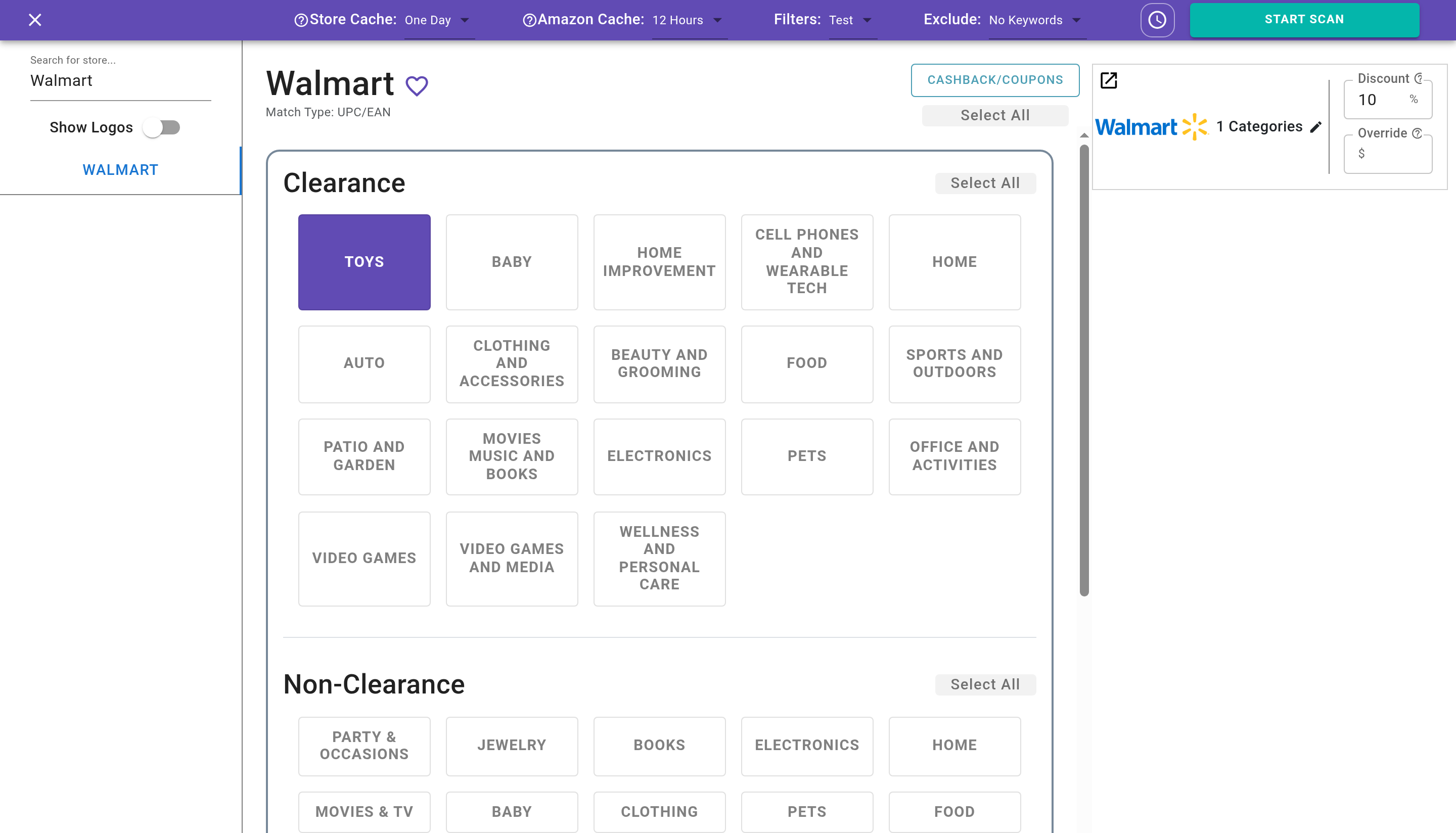 The Store Scan setup screen in a US account: the store search with favorites and Show Logos, the Clearance and Non-Clearance category groups with Select All, and the top bar (Store Cache, Amazon Cache, Filters, Exclude, START SCAN); plus the selection card with the Discount and Override fields