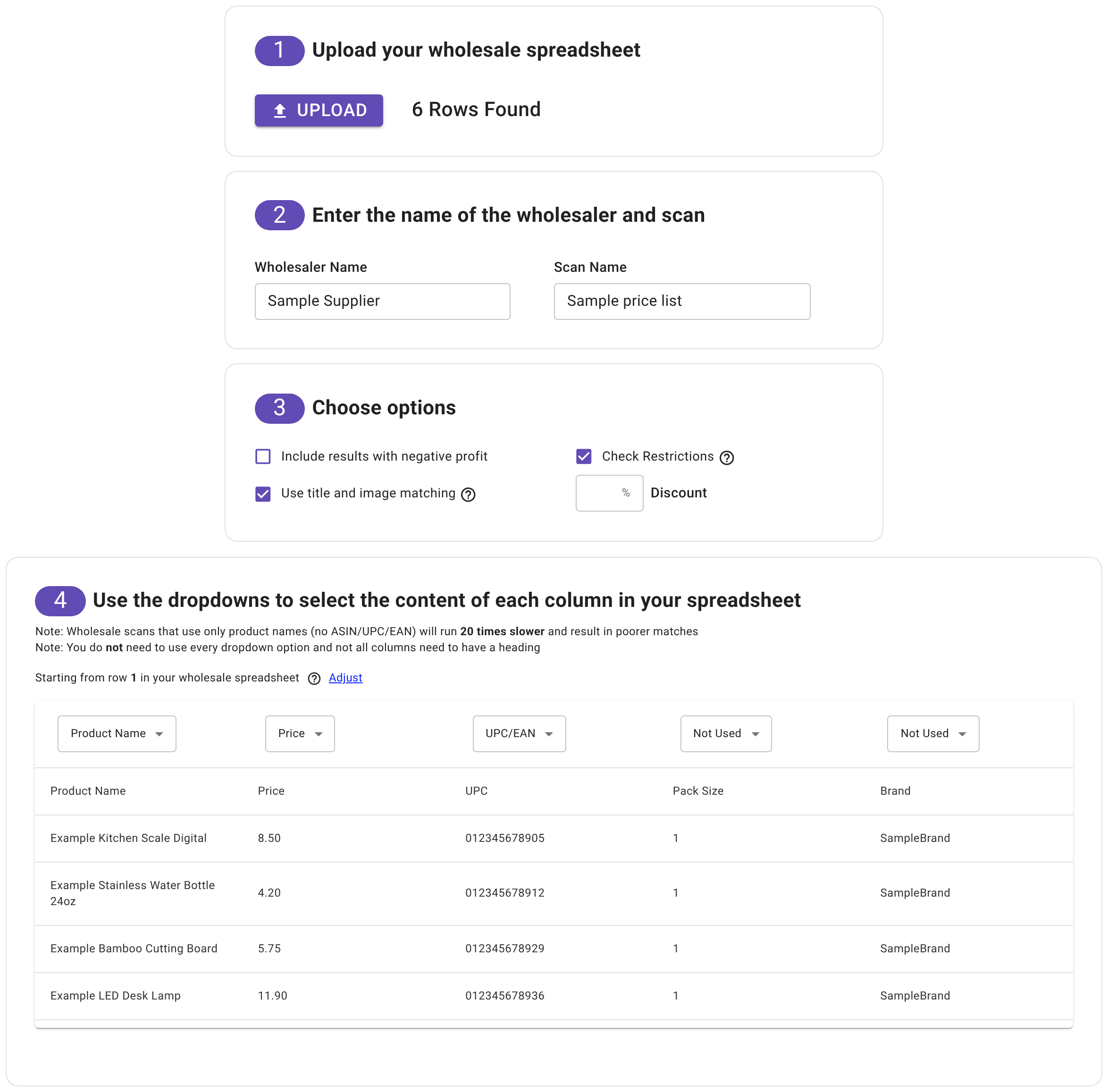 The Wholesale Scan setup in a US account (sample price list): Wholesaler Name and Scan Name, the options (negative profit, title and image matching, Check Restrictions, Discount), and the column drop-downs with Product Name, Price and UPC/EAN assigned