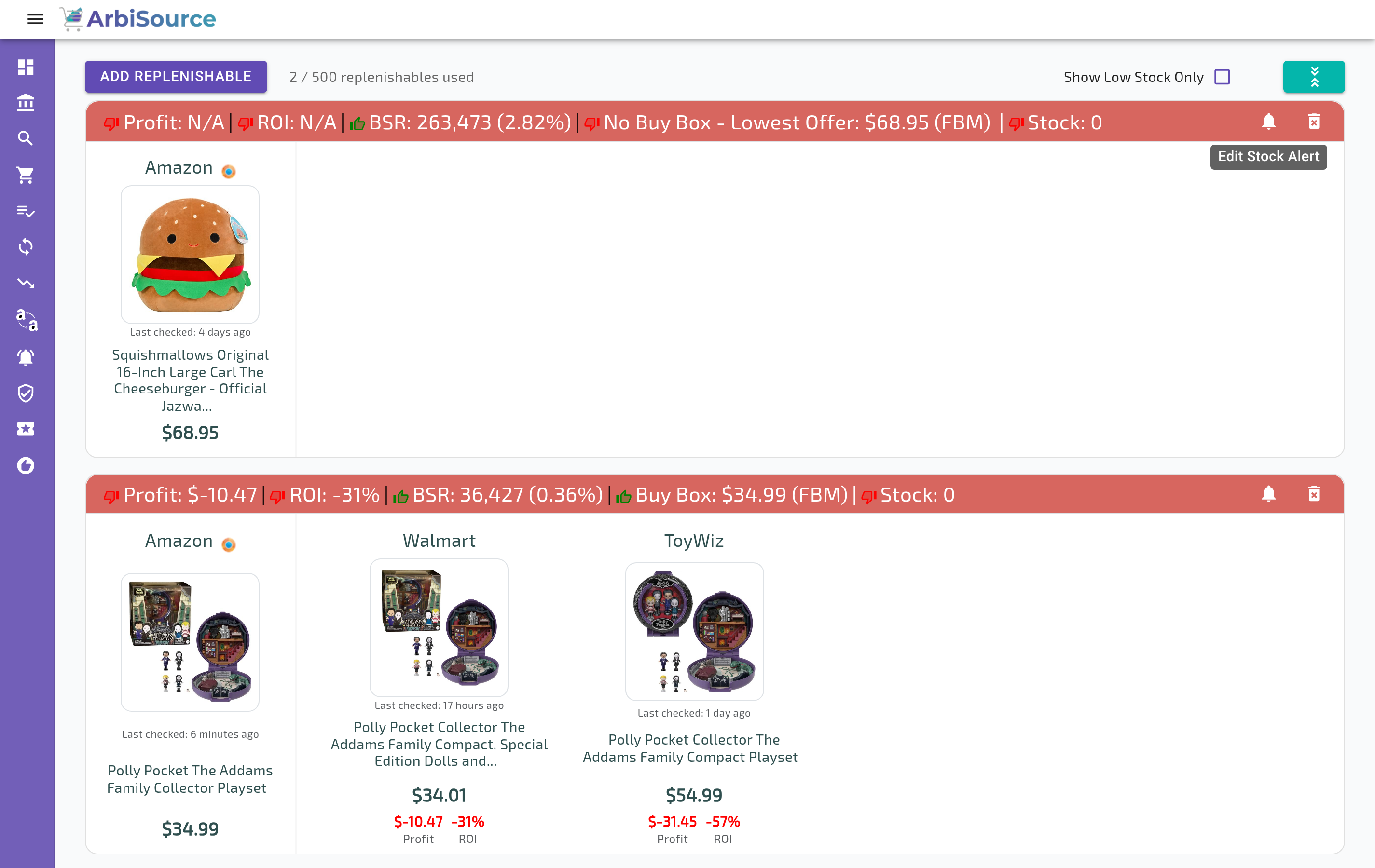 The ArbiSource Replenishables page in a US account: ADD REPLENISHABLE, the usage counter, Show Low Stock Only, and products with Stock in the header, several retailers each, and the bell (Edit Stock Alert)