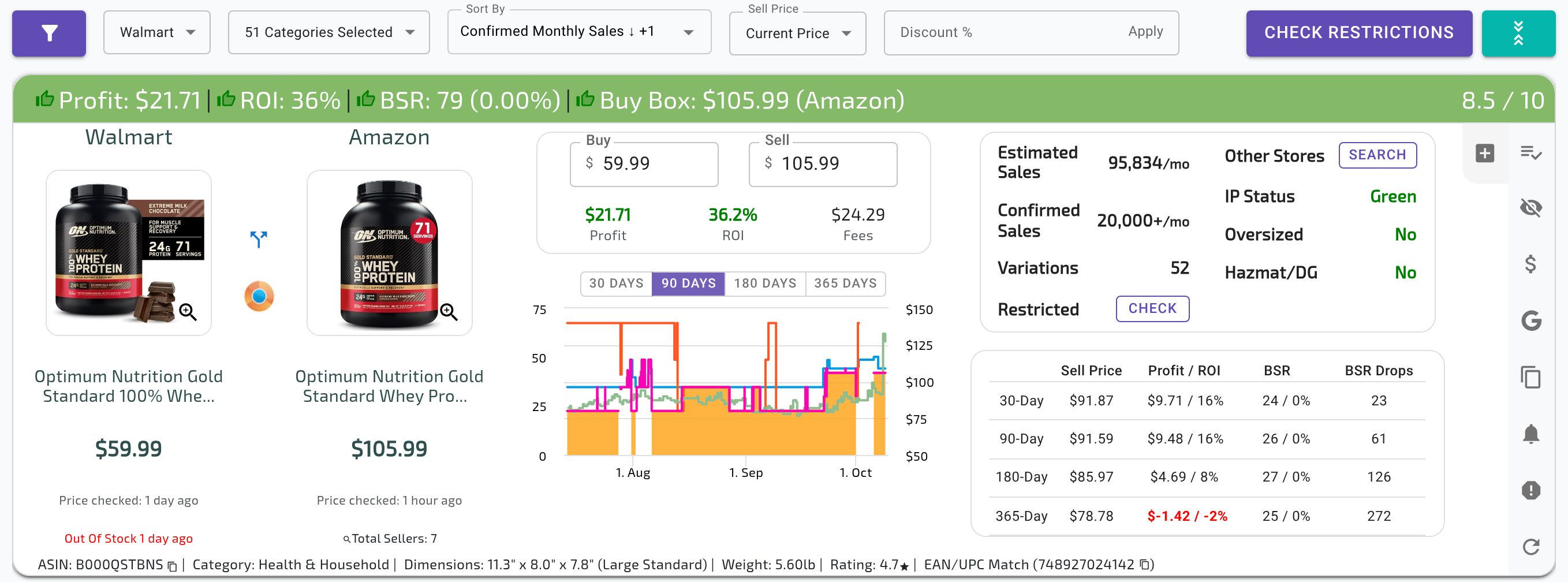 The ArbiSource Vault results view in a US account: the bar with the Filters button, store and category selectors, Sort By and CHECK RESTRICTIONS, above the first result