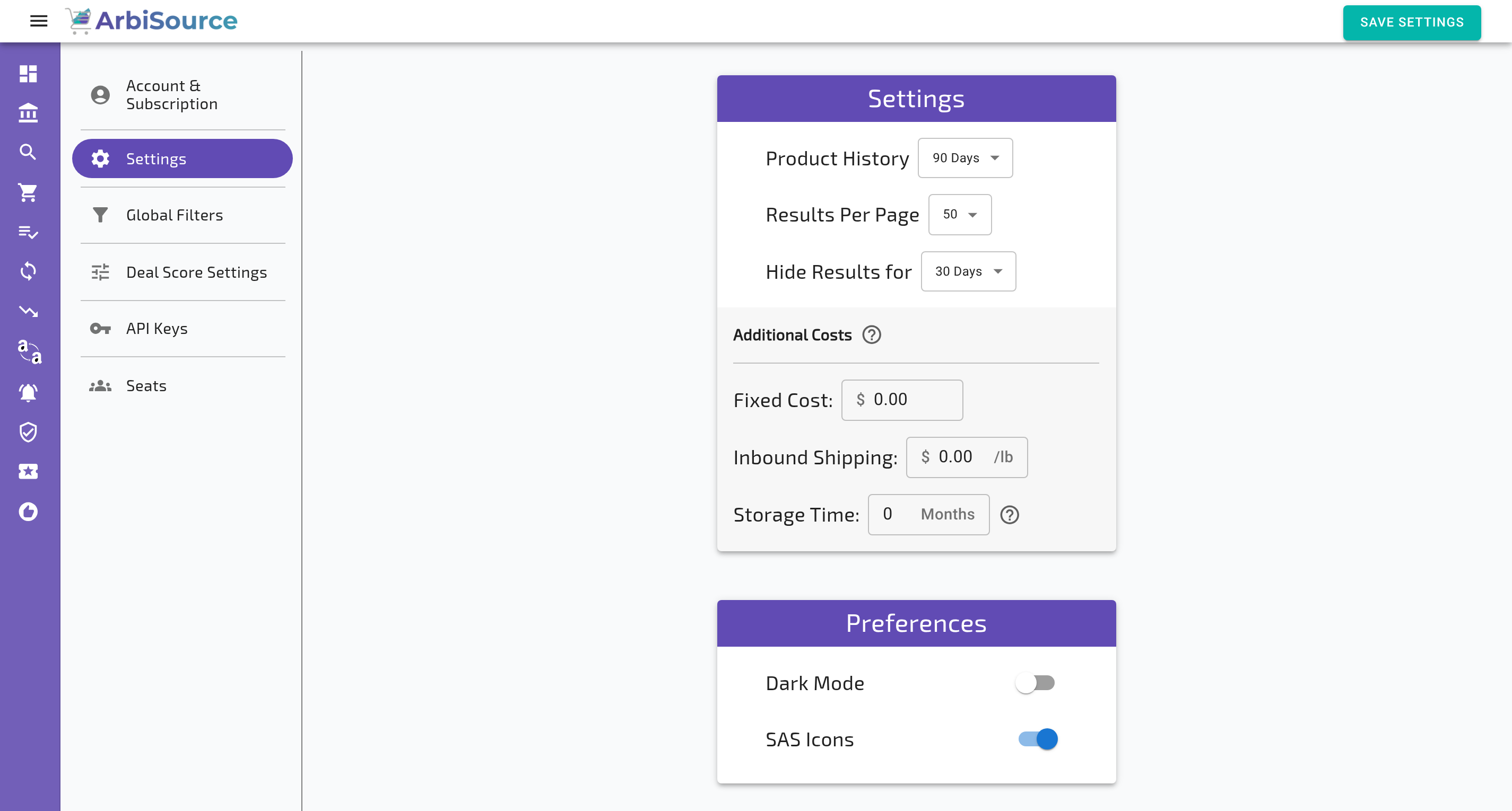 The Account page in a US account: the Settings tab (Product History, Results Per Page, Hide Results for, Additional Costs, Preferences), the Deal Score Settings tab (Score Thresholds, Points Allocation) and the Global Filters tab (Filter Set, Profit/ROI, Sales Velocity, Match Confidence, Amazon Statistics, Exclusions) (1 of 3)