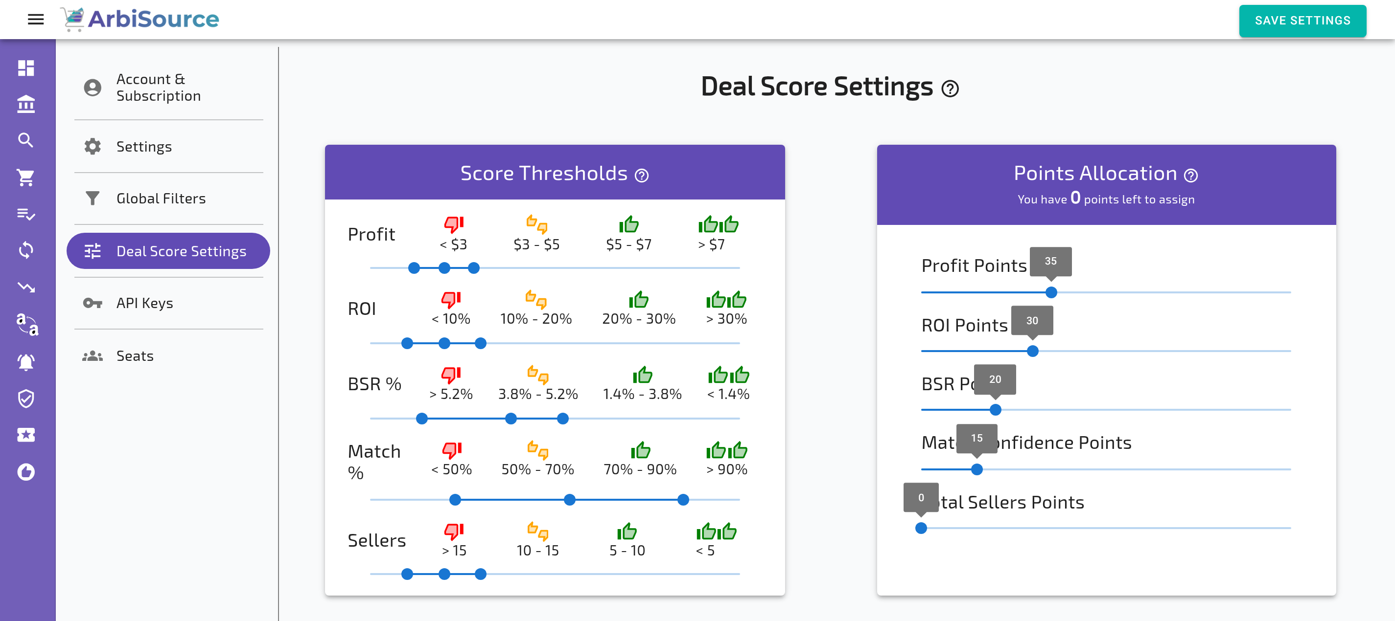 The Account page in a US account: the Settings tab (Product History, Results Per Page, Hide Results for, Additional Costs, Preferences), the Deal Score Settings tab (Score Thresholds, Points Allocation) and the Global Filters tab (Filter Set, Profit/ROI, Sales Velocity, Match Confidence, Amazon Statistics, Exclusions) (2 of 3)