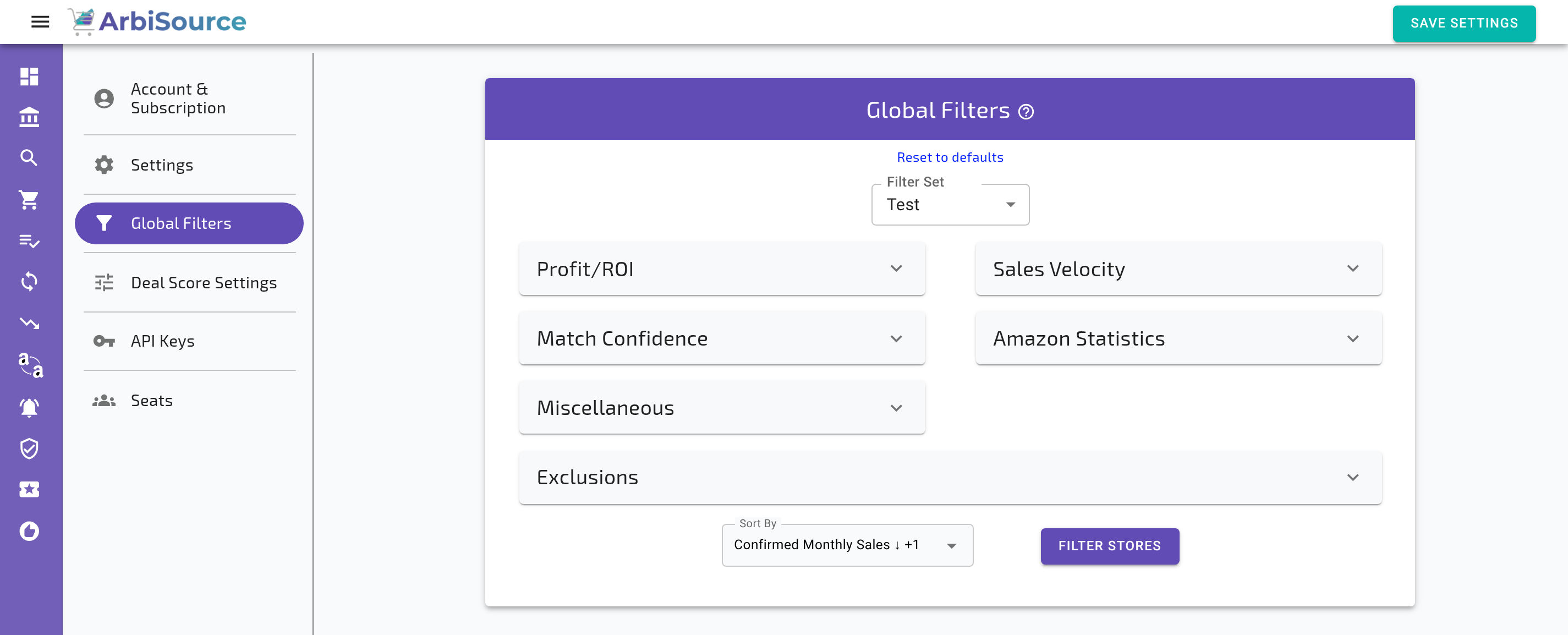 The Account page in a US account: the Settings tab (Product History, Results Per Page, Hide Results for, Additional Costs, Preferences), the Deal Score Settings tab (Score Thresholds, Points Allocation) and the Global Filters tab (Filter Set, Profit/ROI, Sales Velocity, Match Confidence, Amazon Statistics, Exclusions) (3 of 3)