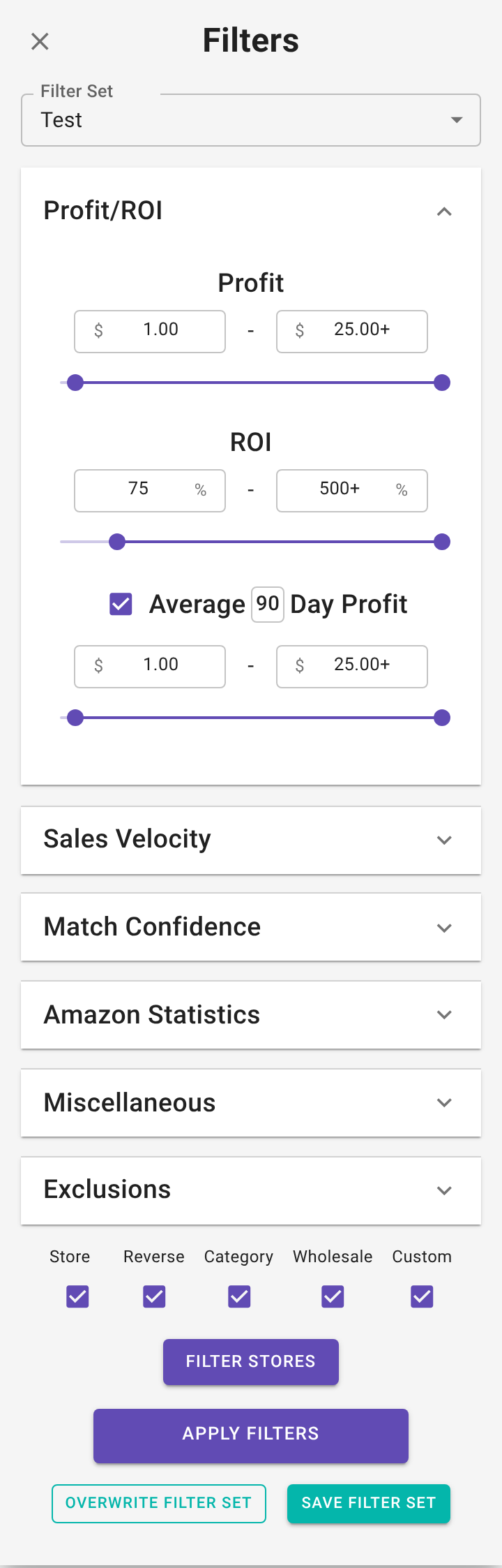 The Filters drawer on the Results page in a US account (same sections as Account → Global Filters) showing the Filter Set dropdown at the top, the Profit/ROI section open, the other filter sections, and the Apply Filters, Overwrite Filter Set and Save Filter Set buttons