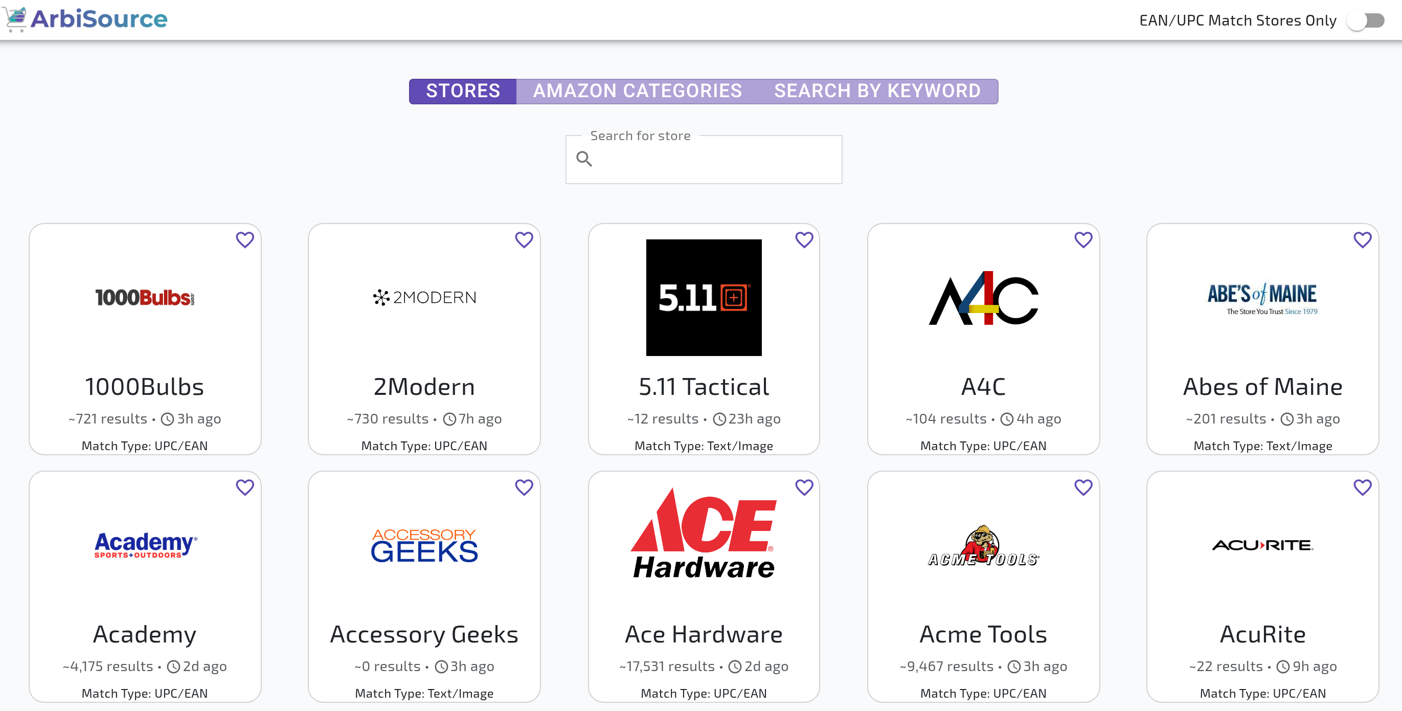 The Vault in a US account, showing the STORES / AMAZON CATEGORIES / SEARCH BY KEYWORD tabs, the Search for store box, the EAN/UPC Match Stores Only toggle and a few store tiles (result count, last updated, Match Type)