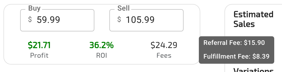 A US result’s Buy/Sell box with the mouse hovering over Fees, showing the fee breakdown tooltip