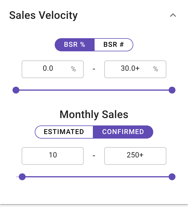A US result panel header with the BSR and its BSR % in brackets highlighted (for example BSR: 79 (0.00%)), plus the Sales Velocity section of the Filters drawer with the BSR % | BSR # toggle and the BSR % slider fully open (0 to 30%+) (2 of 2)