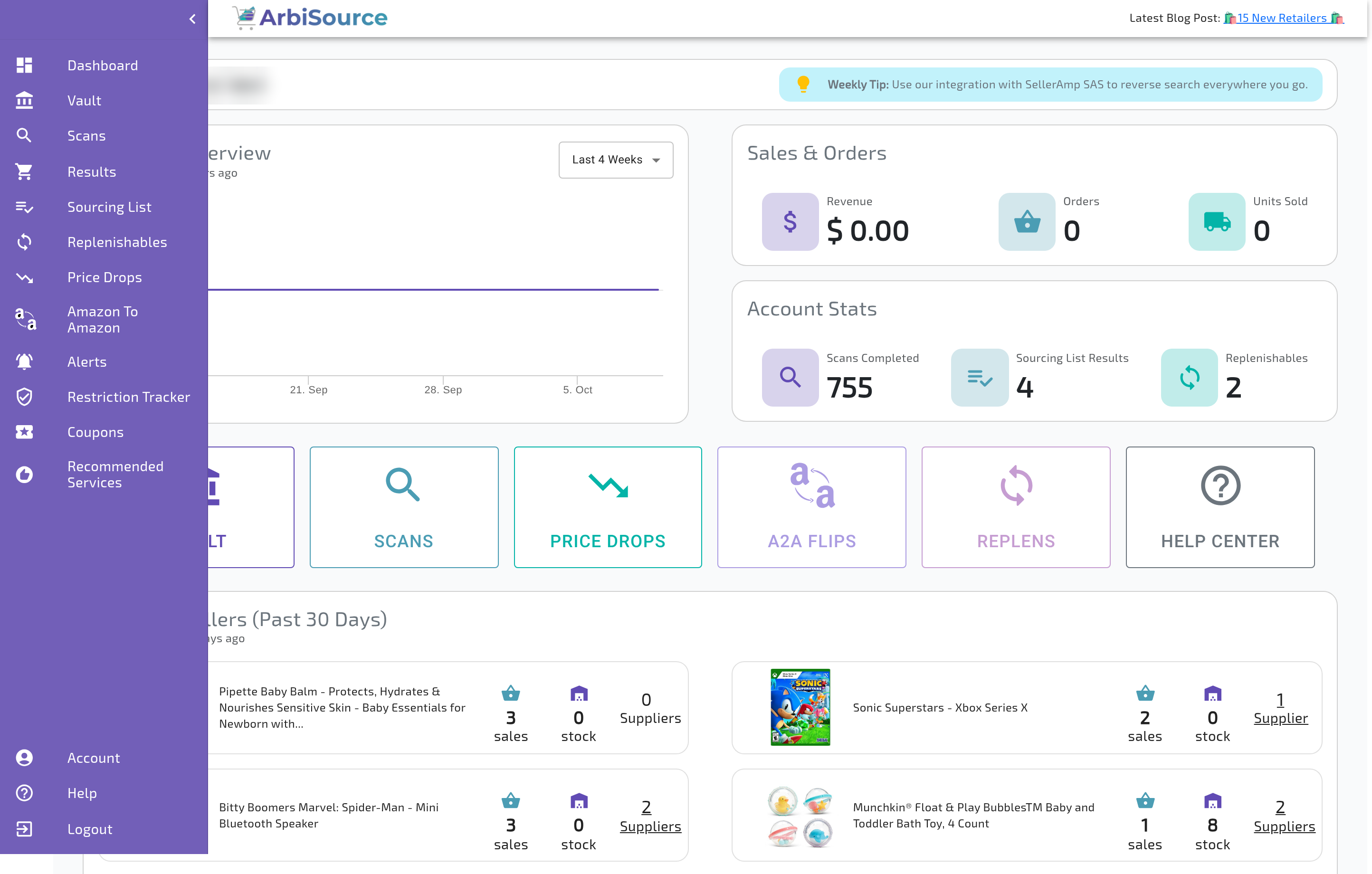 The ArbiSource sidebar (US account) expanded over the dashboard, showing Dashboard, Vault, Scans, Results, Sourcing List, Replenishables, Price Drops, Amazon To Amazon, Alerts, Restriction Tracker, Coupons, Recommended Services, Account, Help and Logout